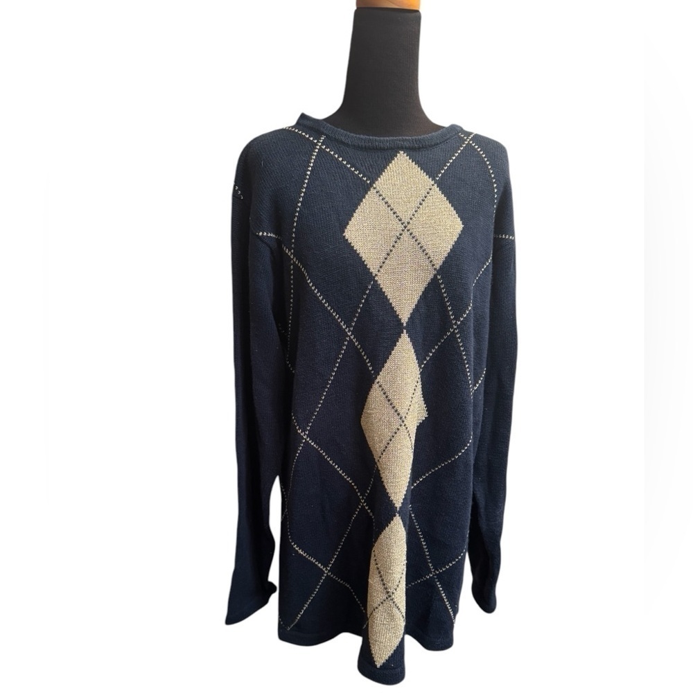 Y2K VINTAGE CEZANNE 1990’s argyle blue gold women's XL Cable Knit Sweater Jumper